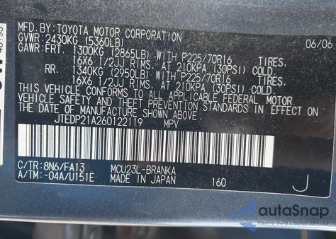 2006 Toyota Highlander V6 from USA, damaged, VIN JTEDP21A260122119